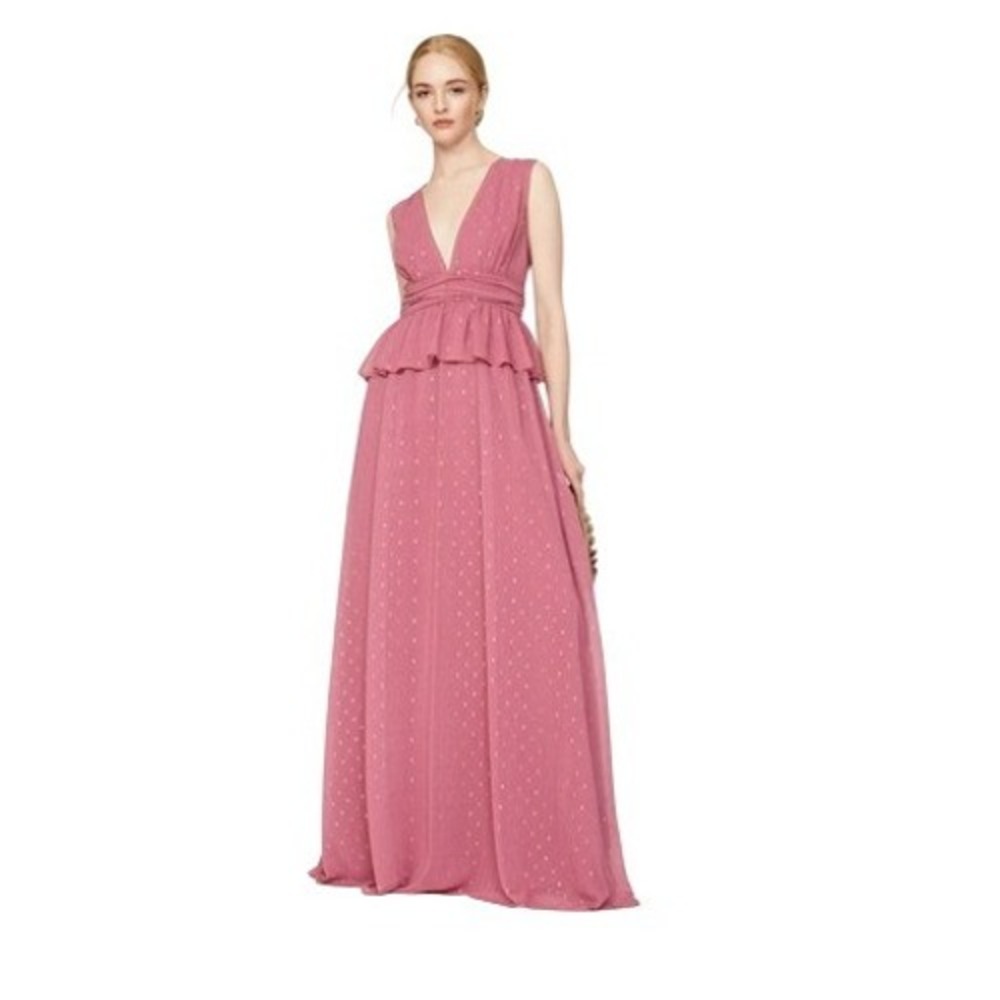 LDT Pink Metallic Peplum V-Neck‎ Maxi Gown Dress Size 8